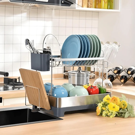 Stainless Steel 2-Tier Dish Drying Rack With 360° Drain Spout