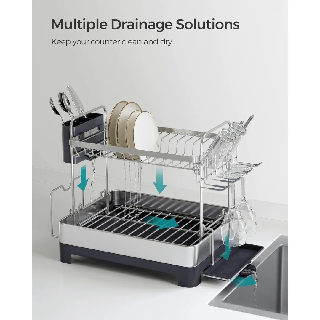 Stainless Steel 2-Tier Dish Drying Rack With 360° Drain Spout