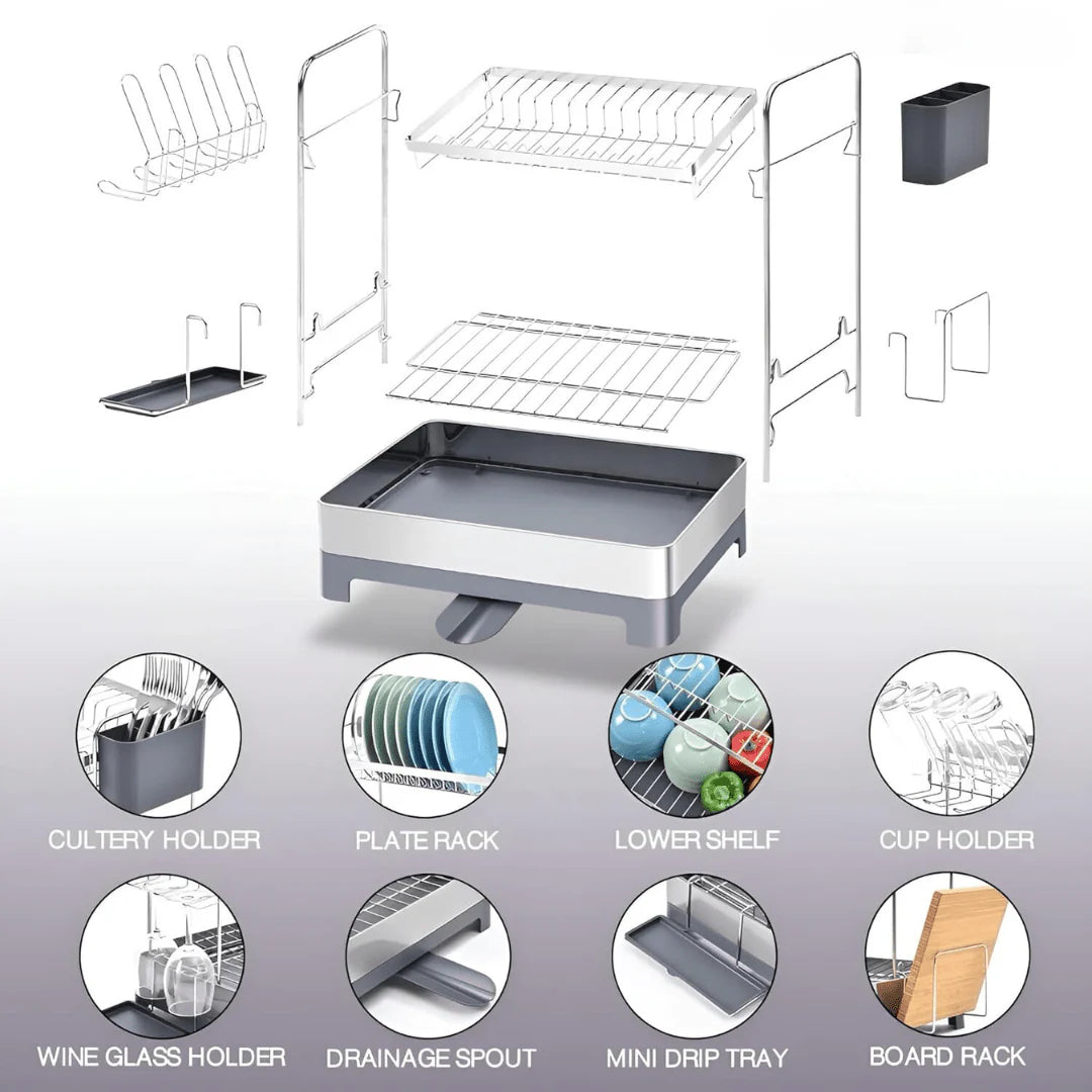 Stainless Steel 2-Tier Dish Drying Rack With 360° Drain Spout