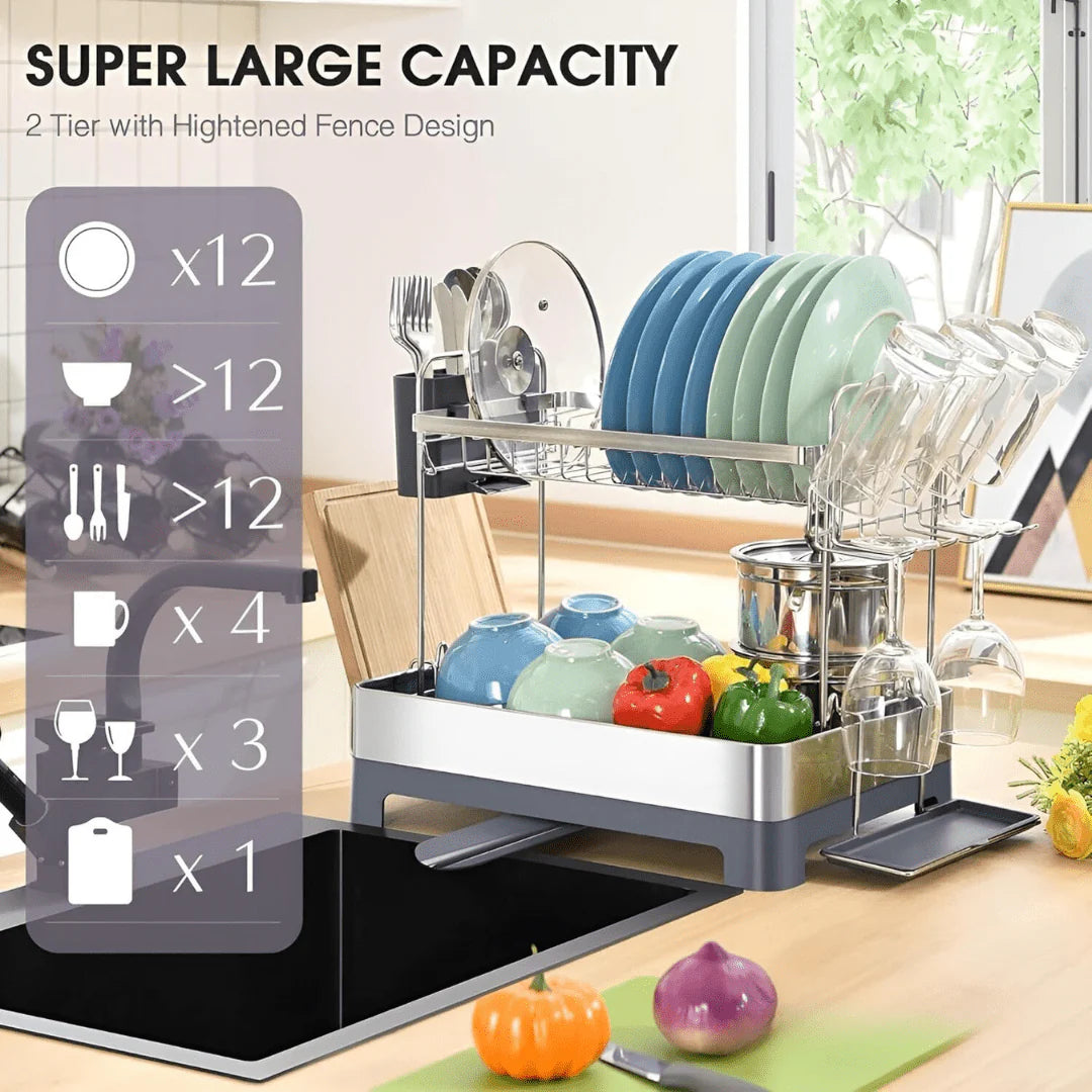 Stainless Steel 2-Tier Dish Drying Rack With 360° Drain Spout