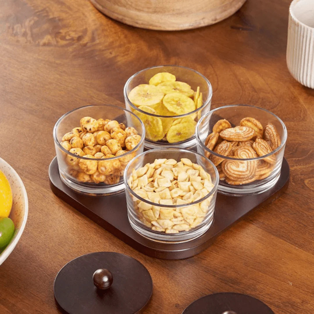 Minimalist Glass Snack Plate with Bamboo Lid (4-GRID)