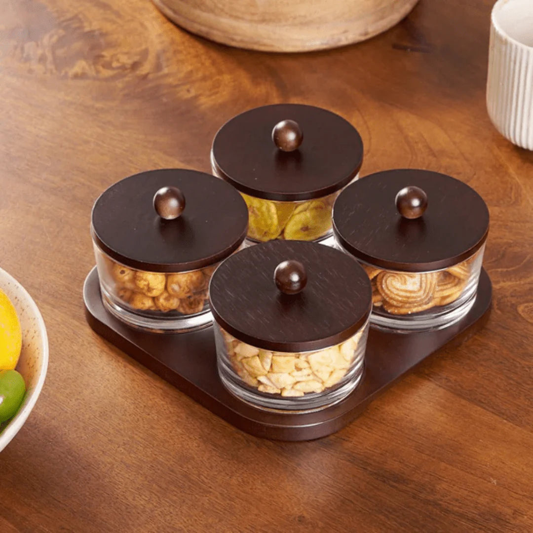 Minimalist Glass Snack Plate with Bamboo Lid (4-GRID)