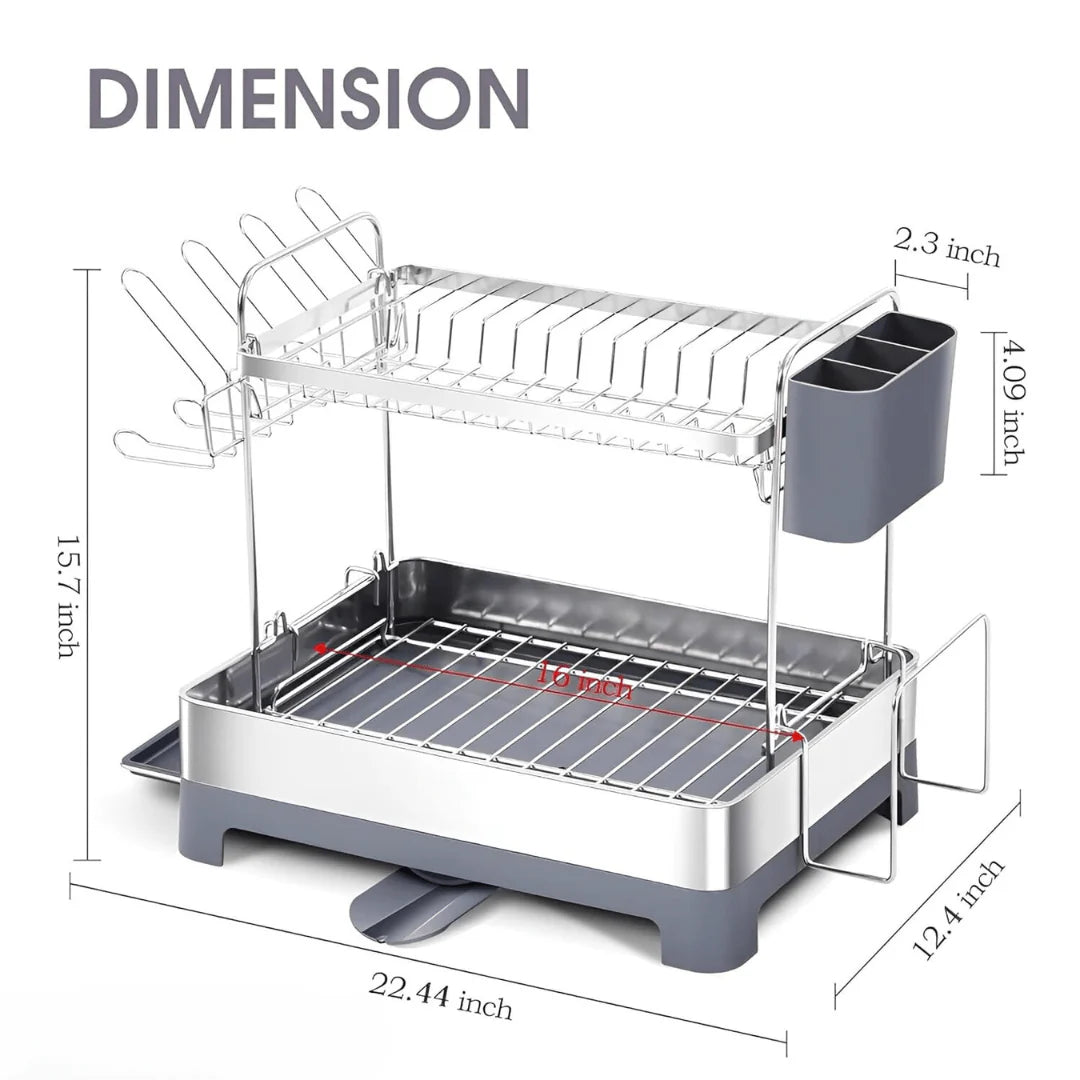 Stainless Steel 2-Tier Dish Drying Rack With 360° Drain Spout